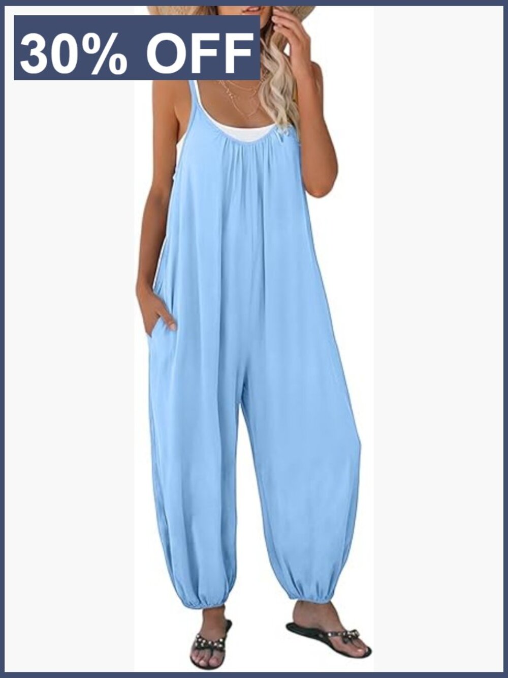 Light Blue Spaghetti-Strap Relaxed Jumpsuit with Pockets